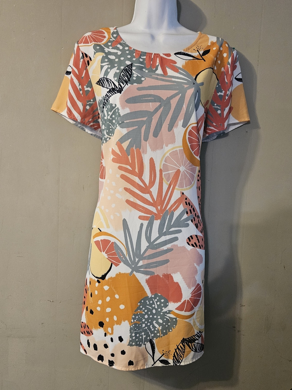 MINKPINK Tropical Leaf & Citrus Mini Dress in Peach, Gray & Yellow